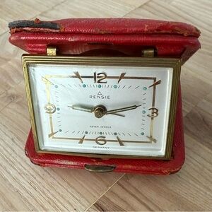 Rensie Travel Alarm Clark Rare Vintage Seven Jewels White Dial Red Leather Case
